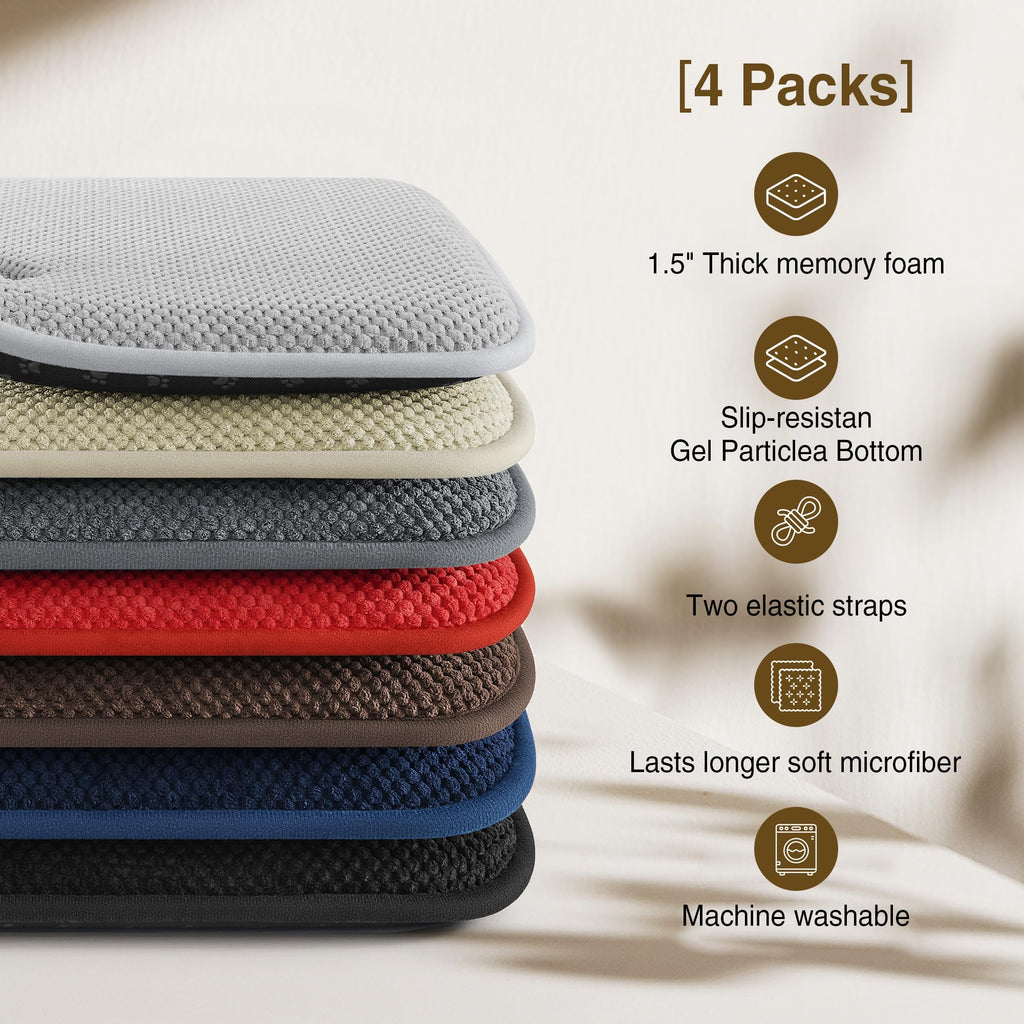 Chair Cushions for Dining Chairs, Set of 4 Memory Foam Seat Cushions with Non-Slip Backing & Ties, 16" x 16" x 1.5"