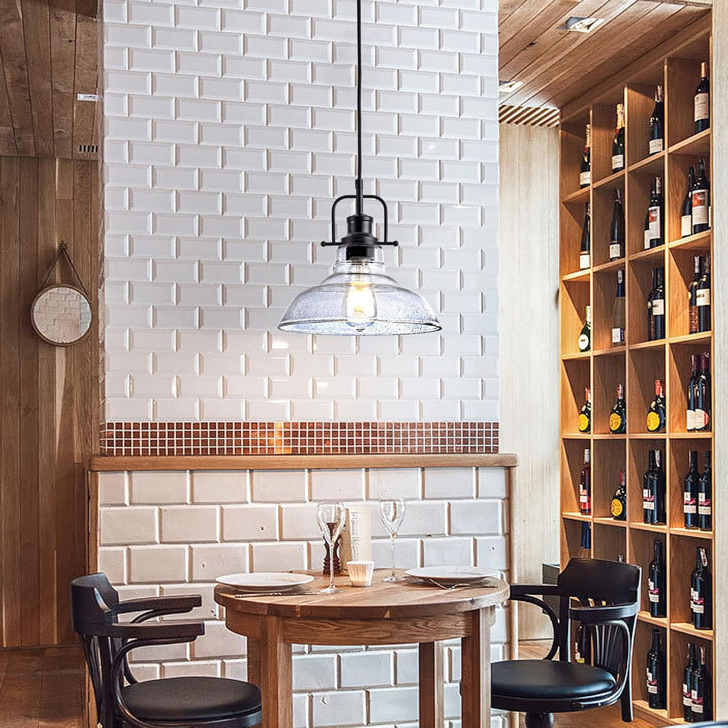 Glass Pendant Light，Black Pendant Light Fixtures with Seeded Glass Shade, Adjustable Height Hanging Lights for