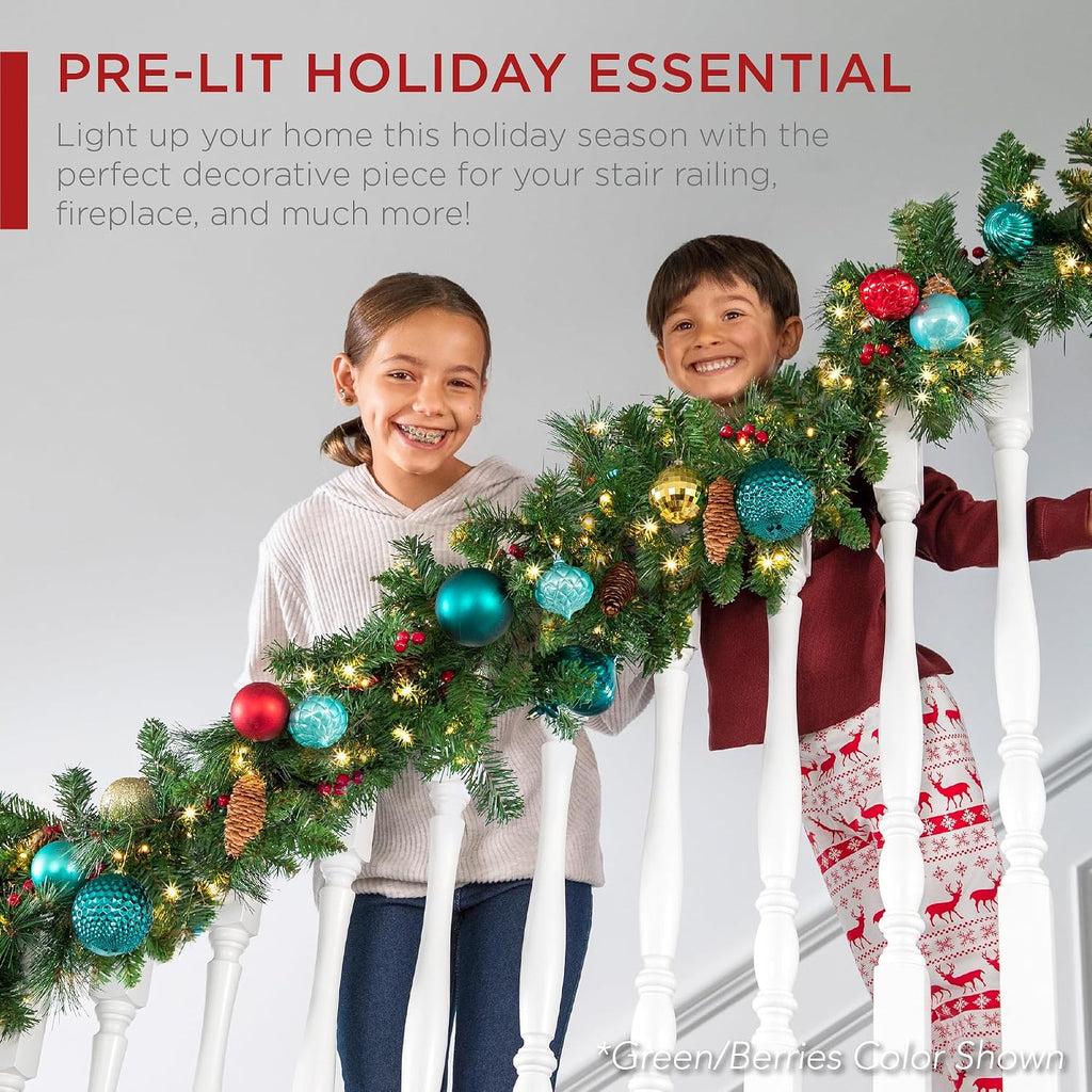 9ft Pre-Lit Battery Powered Christmas Garland for Stairs, Traditional Fireplace Holiday Decoration w/ 50 2-in-1 LED