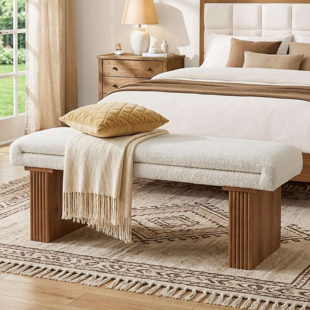 Solid Wood Entryway Bench, 47" Farmhouse End of Bed Bench, Ottoman Indoor Bench with Cushion, Upholstered Window