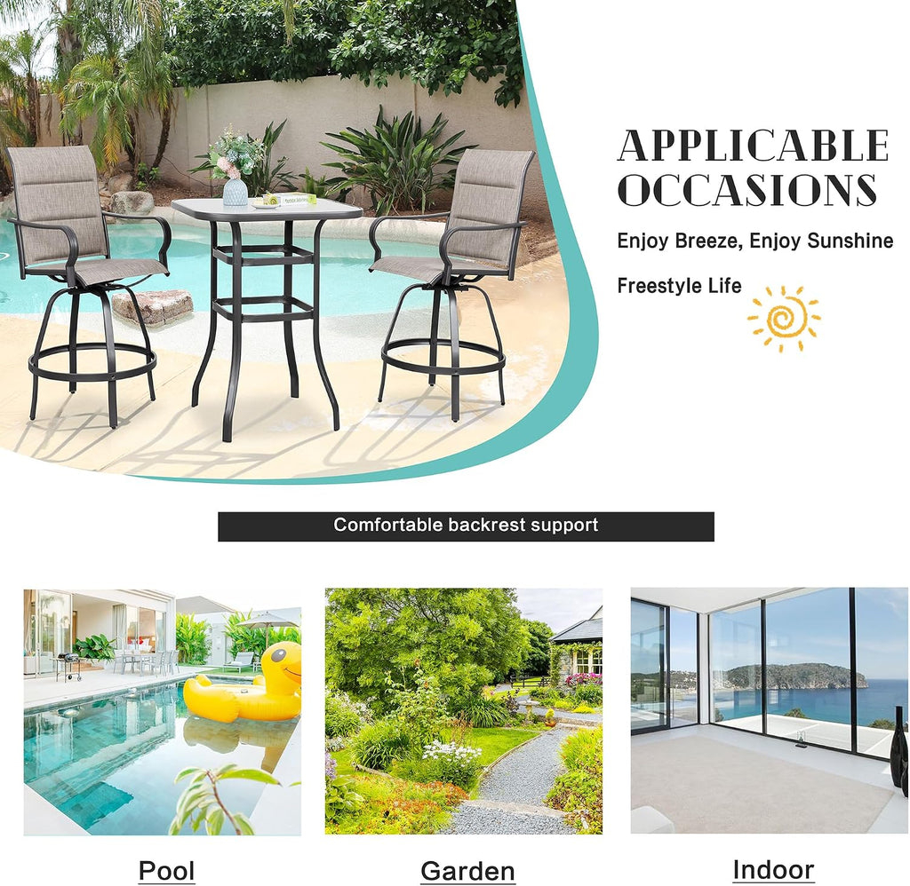 3 Piece Patio Swivel Bar Set, All Weather Mental Textilene High Swivel Bar Stools Chair Set of 2 and Glass Bar Table