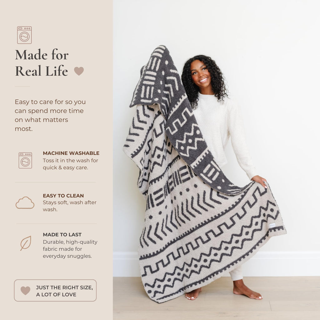 Mudcloth Throw Blanket Soft Plush Double Layer Cream Black 50"x60"