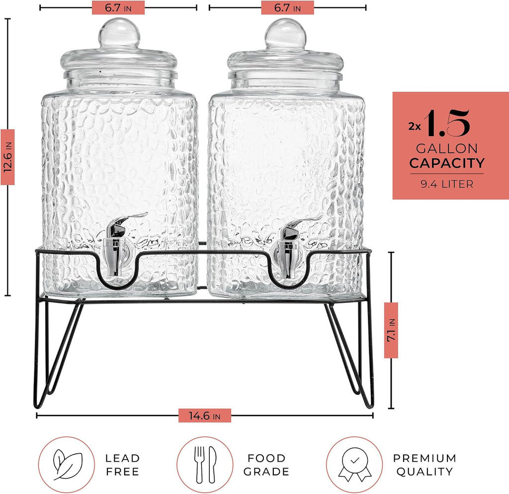 Glass Beverage Drink Dispenser w/Metal Stand, 1.5 Gal - Set of 2