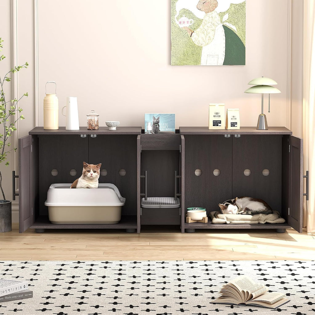 Dual Chamber Cat Litter Furniture for Multi-Cat Homes - Hidden Litter Box Cabinet with Scratching Pad & Storage