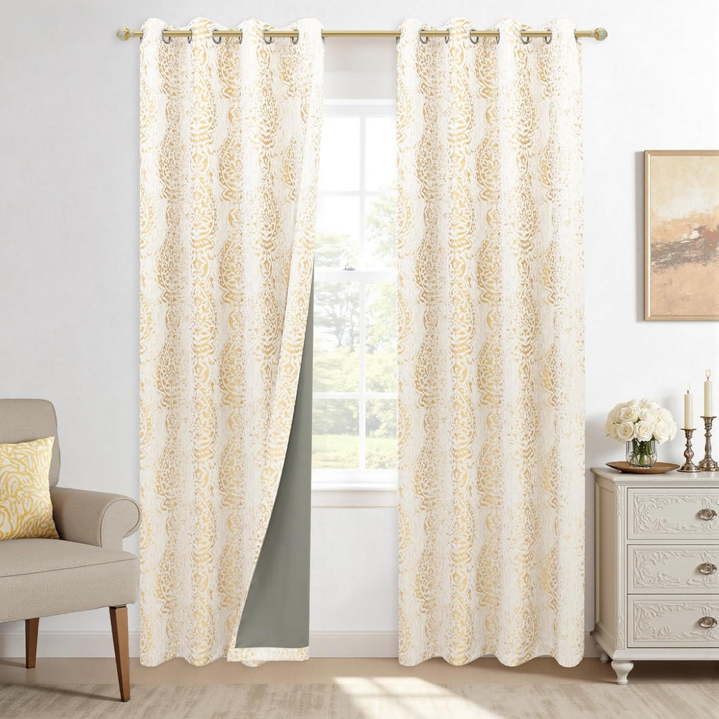 Gold Patterned Elegant Curtains, Blackout Damask Pattern Luxury Modern Design Contemporary Curtains, Wide 52 x 84