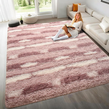Pink and White Rugs Girls, Fluffy Soft Plush Area Rugs with Non-Slip Backing, Modern Striped Shag Fuzzy Carpets