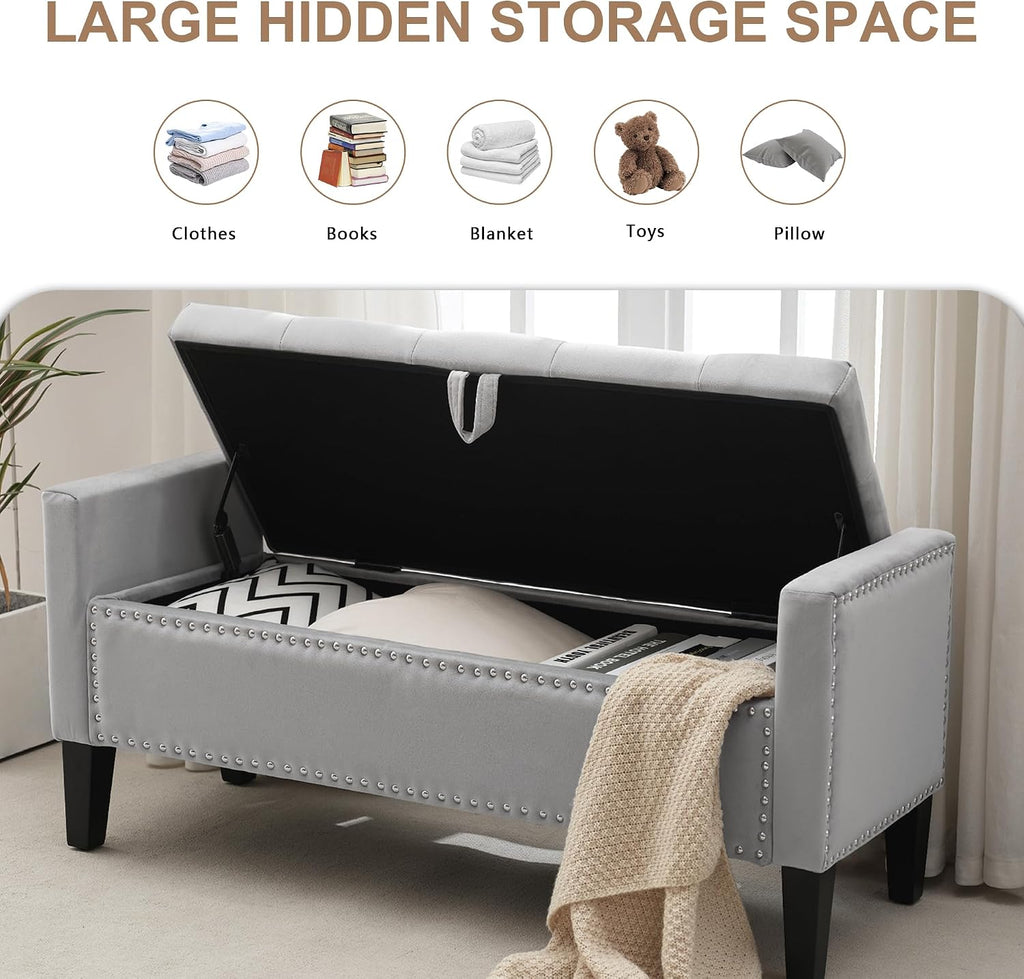 Velvet Storage Ottoman Bench, 46'' Upholstered Button Tufted End of Bed Bench, Modern Storage Bench , Grey