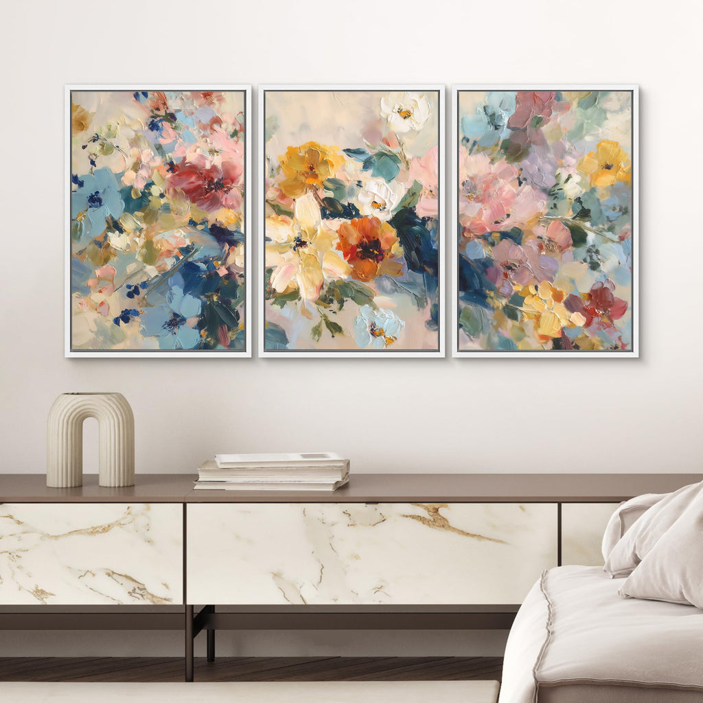Framed Canvas Print Wall Art Set Colorful Abstract Floral Modern Impressionist Flower Illustrations Modern Scenic