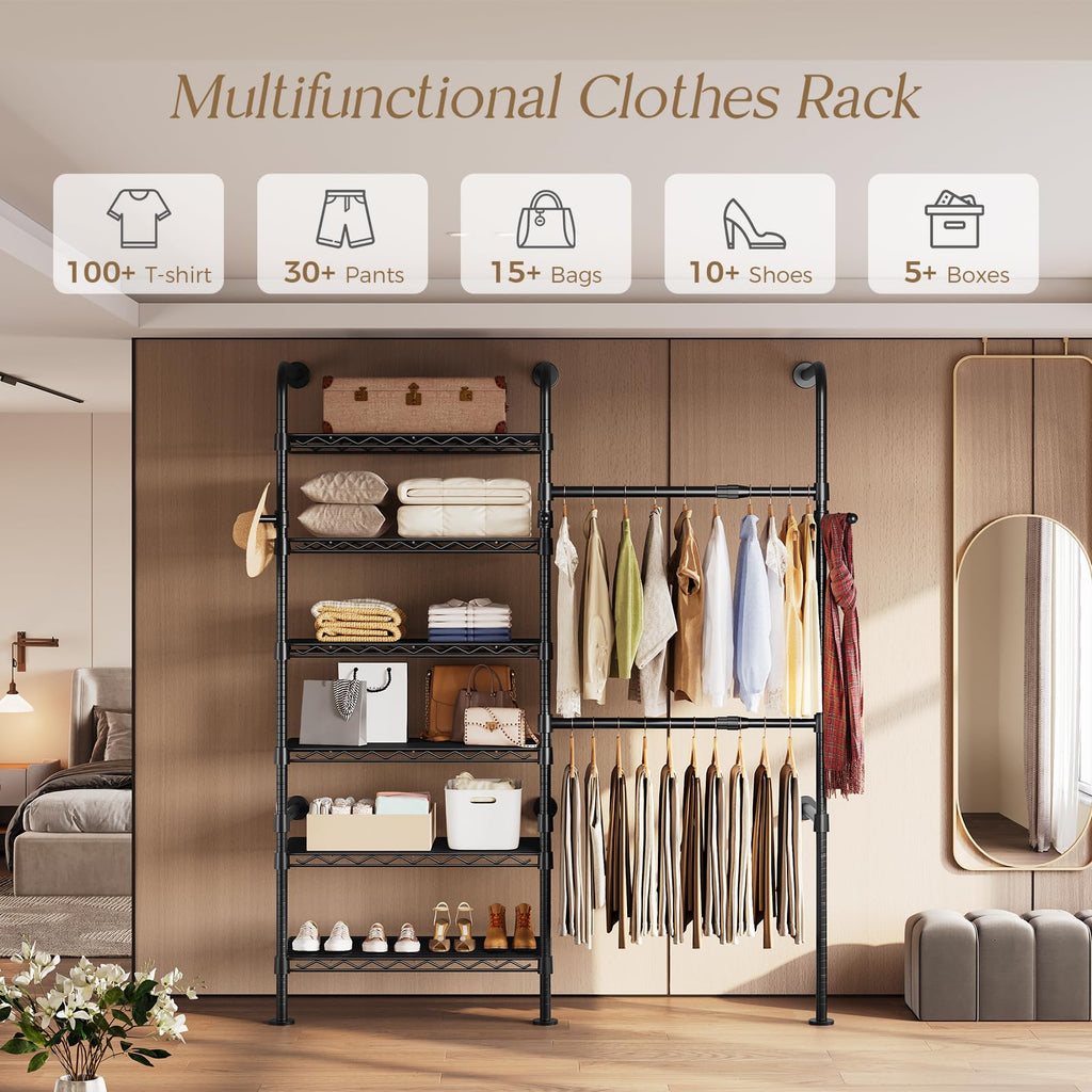 Wall Mounted Closet System, Heavy Duty 2-Row Clothes Rack, Expandable Industrial Pipe Closet Organizers and Storage