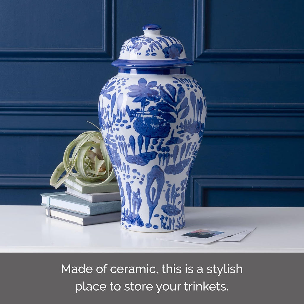Blue and White Landscape Round Ceramic Ginger Jar, Store Small Household Items or Display Faux Florals