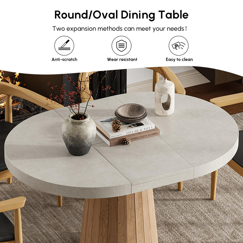 Extendable Dining Table for 6 Round to Oval 39"-55", Solid Wood Kitchen Table for 4-6 People, Space-Saving Design for