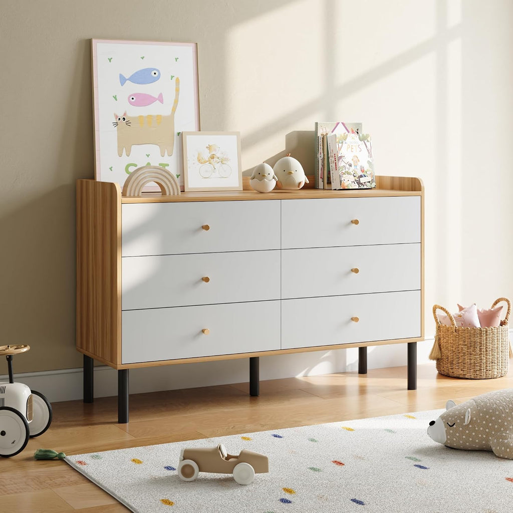 Kids Dresser , 6 Drawer Baby Dresser with Golden Handles, Modern Wood Chest , White