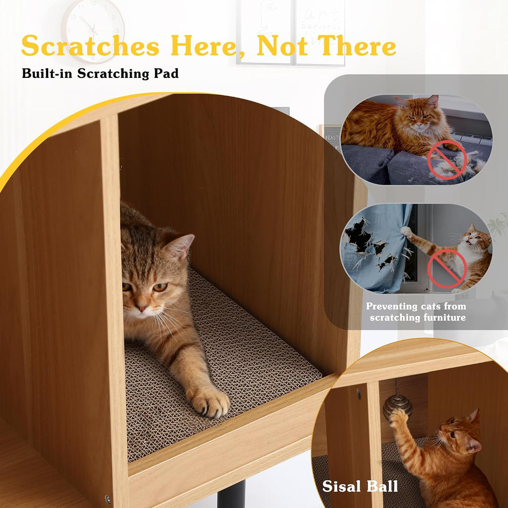 Cat Litter Box Furniture Enclosure with Scratch Pad, Hidden Fluted Cabinet with Sliding Door, Multi-Functional Modern