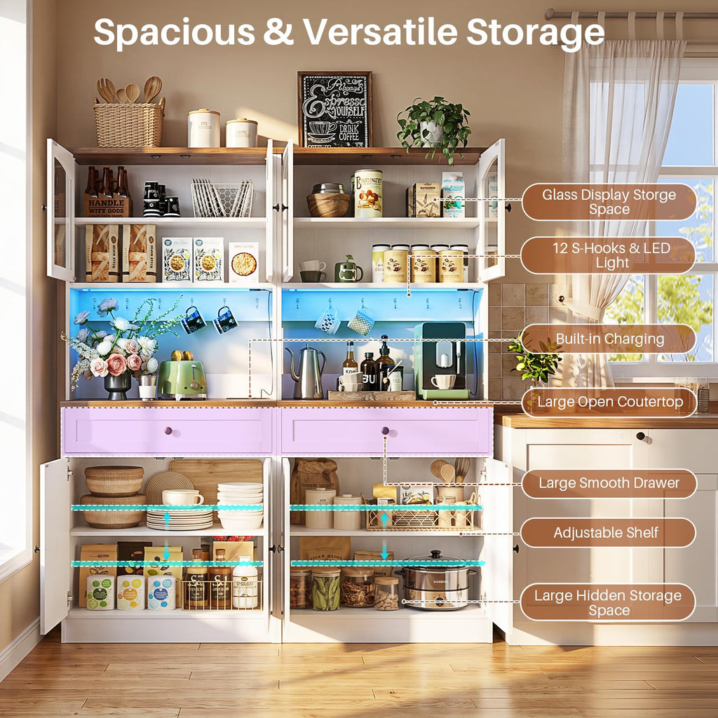 71" Kitchen Pantry Cabinet with LED Light and Outlet, Kitchen Hutch
