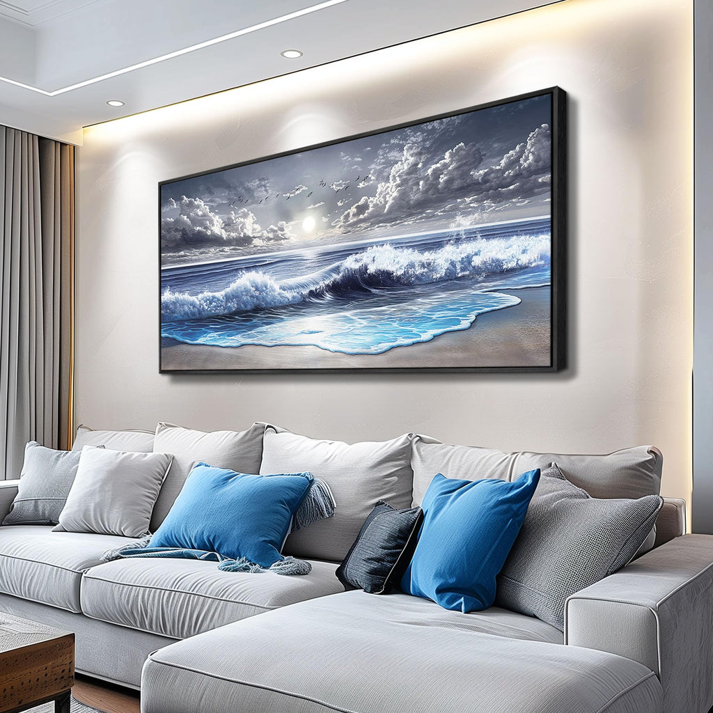 Blue Ocean Large Canvas Wall Art Prints, Coastal Sunset Landscape Paintings, Nature Waves Beach Wall Decor, Seascape