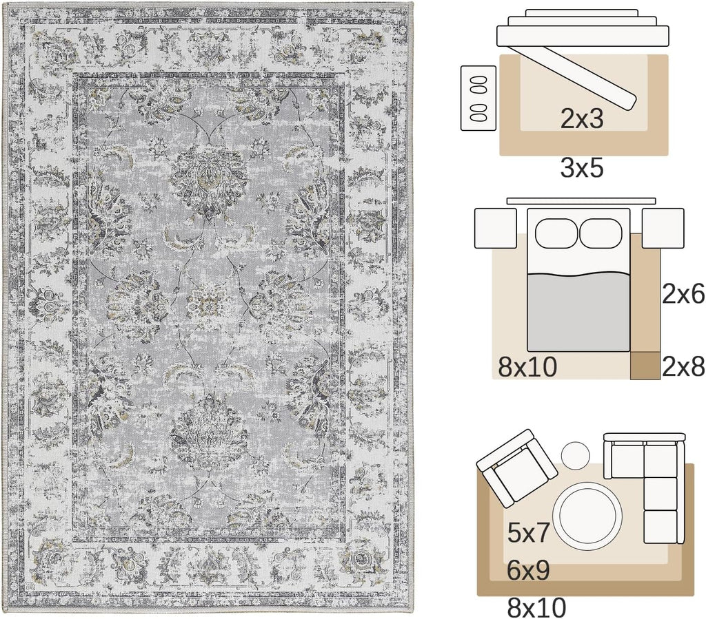 2x3 Vintage Floral Area Rug, Washable Entryway Rug, Grey