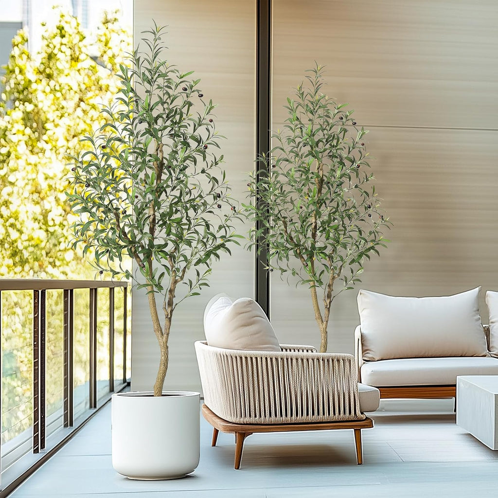Olive Trees Artificial Indoor, 6 ft Tall Faux Silk Plant - Fake Potted Tree with White Planter, Artificial Plants