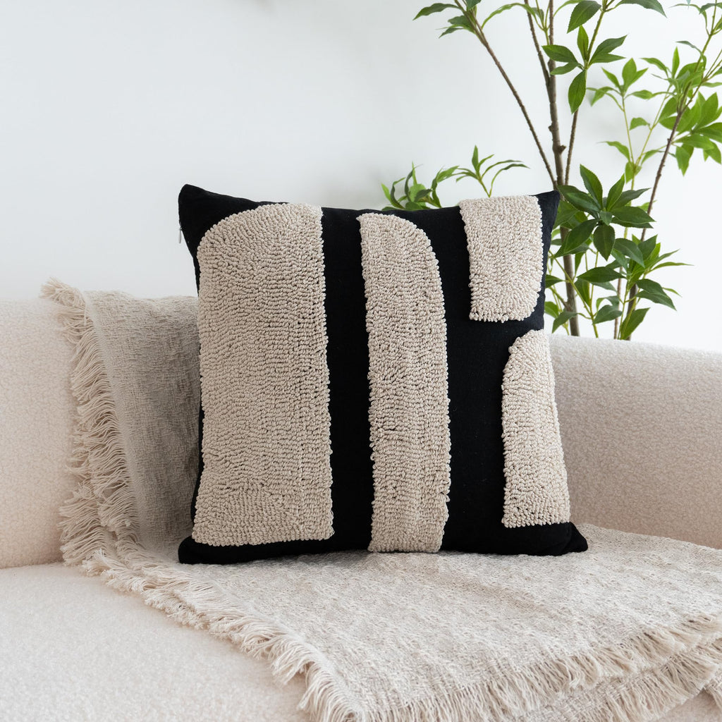 Black Cream Boho Chunky Tufted Pillow Cover, Neutral Decorative Square Throw Pillow Case, Geometric Woven Modern Sham