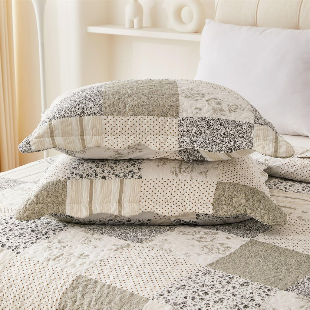 Summer Floral Quilt Set, Grey Patchwork Quilts, Reversible Quilted Bedspread with 2 Shams, Vintage