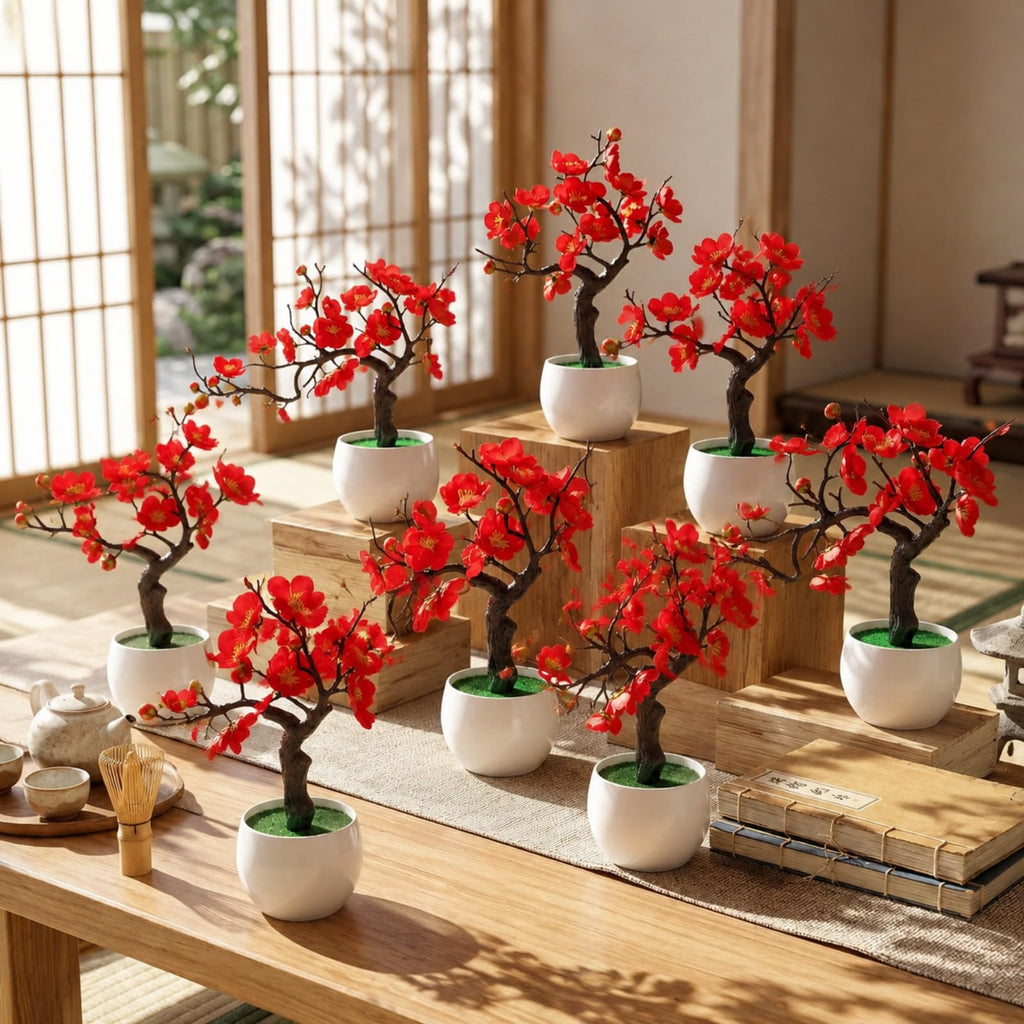 8 Pack Red Plum Blossom Silk Flowers with Pot, Lateral