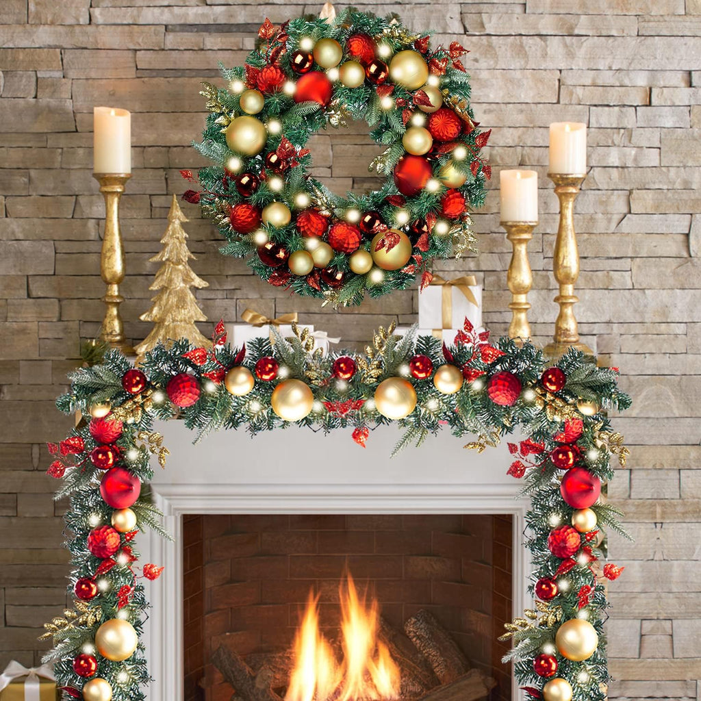 Pre-Lit with Lights 50 LED Red Gold Baubles