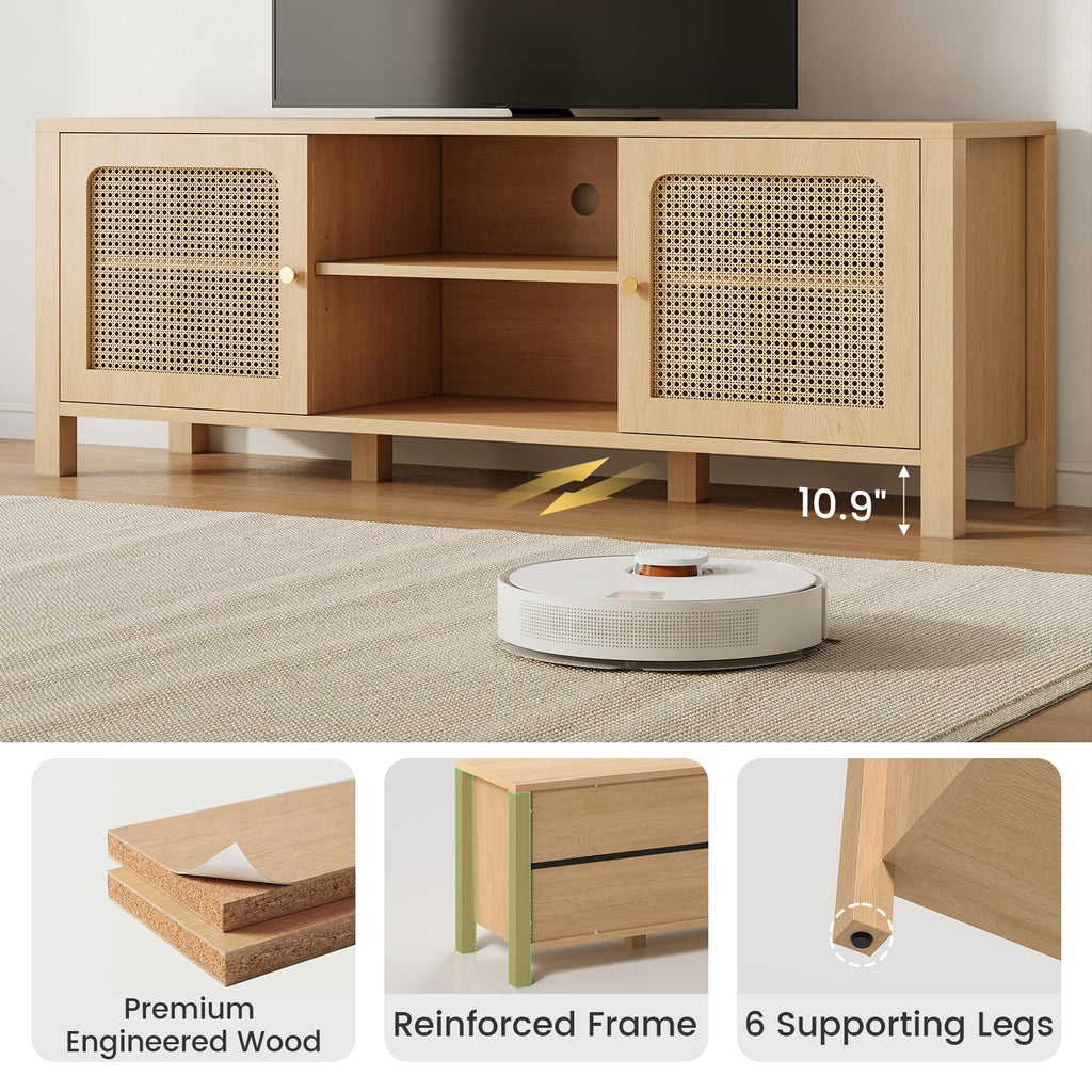 Rattan TV Stand with Adjustable Shelf and Open Shelves, Natural Oak