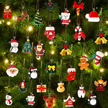 Mini Resin Christmas Ornaments Tiny Christmas Tree Decorations Set Comes with String Small Christmas Hanging - Set of 36