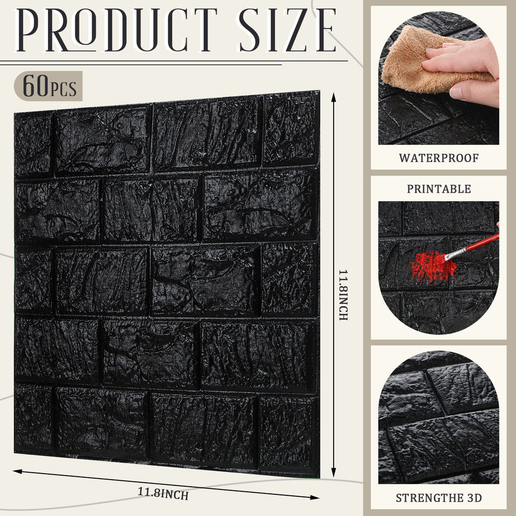 60 Pcs 58 Sq ft 3D Wall Panels Peel and Stick, Black