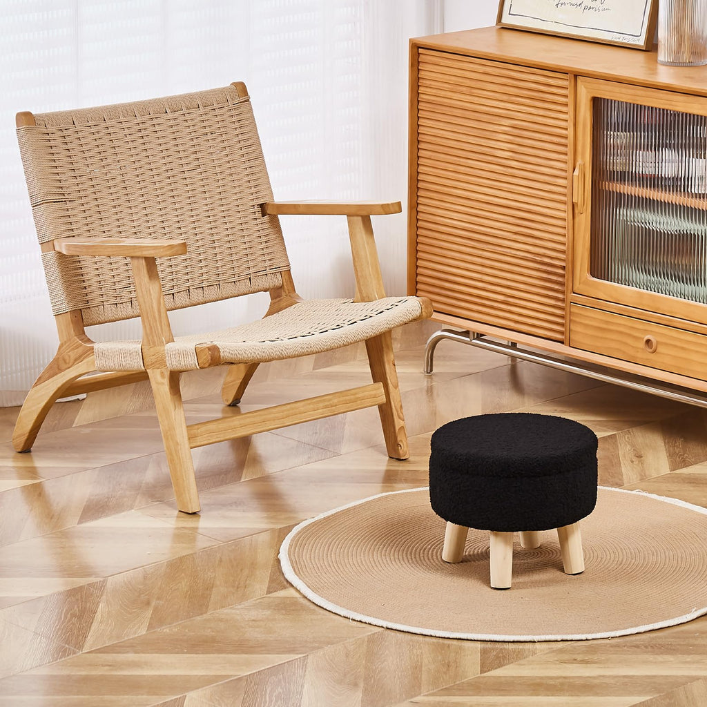 Storage Ottoman, Modern Round Footrest with Soft Padded Seat, Teddy Velvet Footstool with Wood Legs, Accent Small