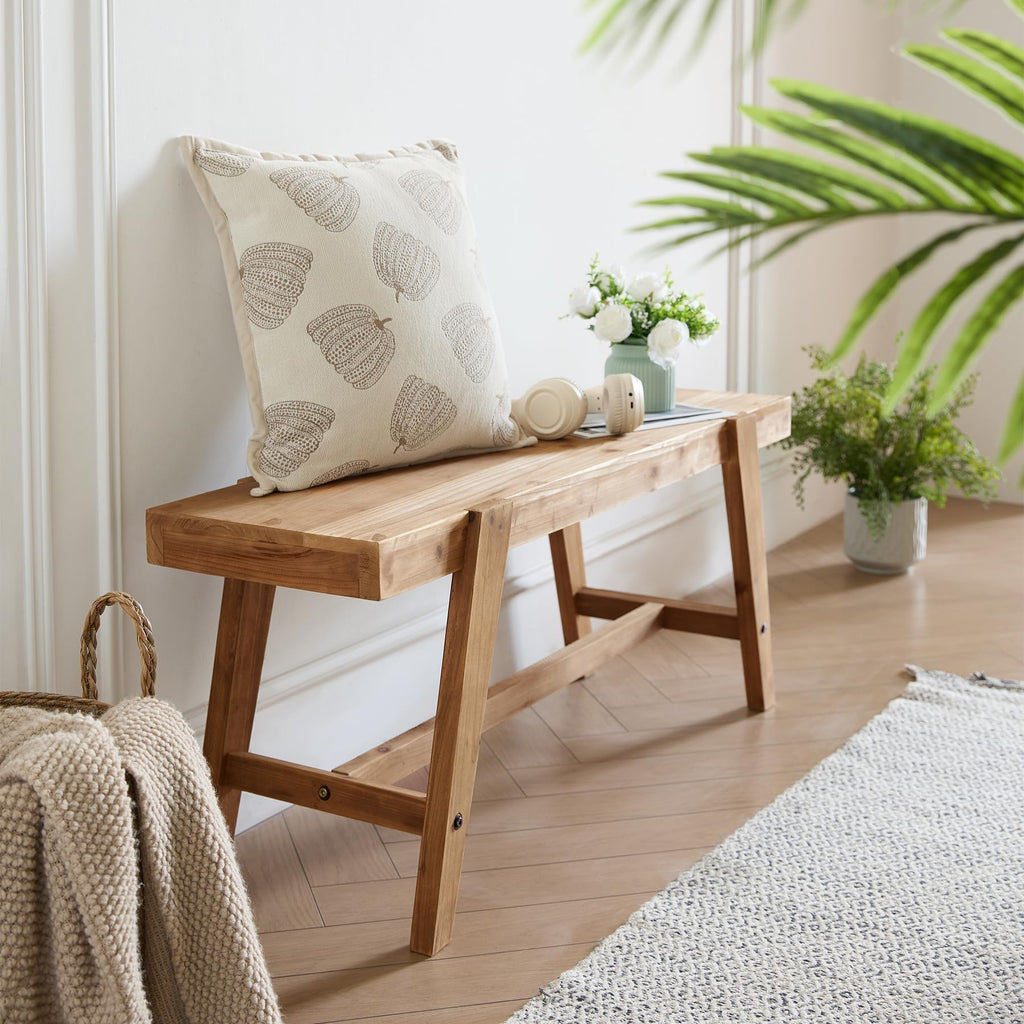 Farmhouse Solid Wood Entryway Bench - 43.4 Inches Rustic Long Bench, Dining Bench with Angled Legs, Hand-Finished