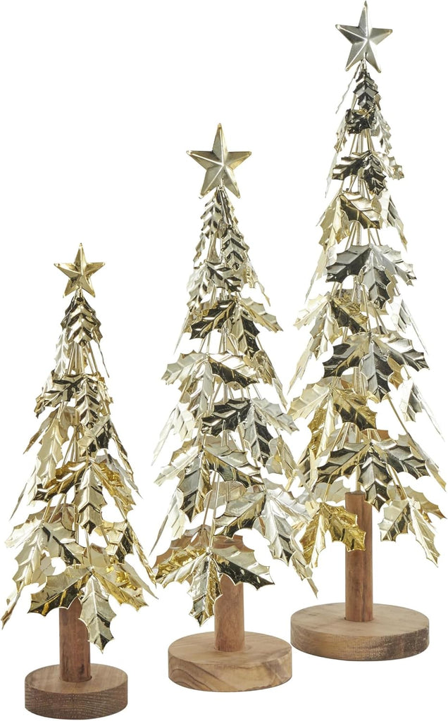 Metal Tree Decorative Sculpture Holiday Layered Holly Leaf Christmas Home Decor Statues with Wooden Base and Star