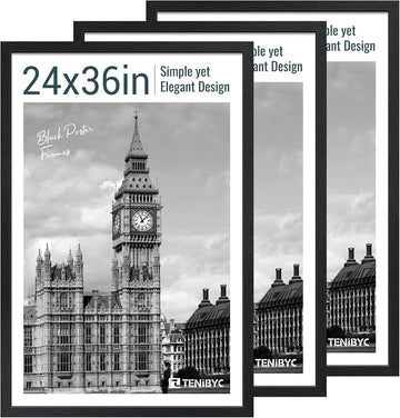 24x36 Poster Frame, Black Wood, 3 Pack, Wall Hanging for Picture - Set of 3