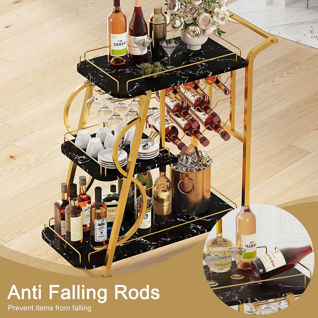 Bar Cart Bar Serving Cart on Wheels, 3 Tier Liquor Carts with Wine Rack and Glass Holder, Rolling Beverage Trolley