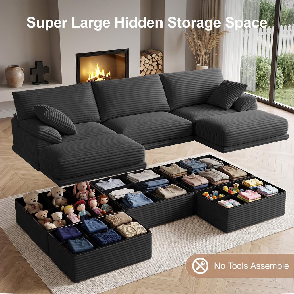 107" Boneless Couch with Storage, 48.6" Extra Deep-High Seat Modular Sectional Sofa with Ottoman, 3 Seater U Shaped
