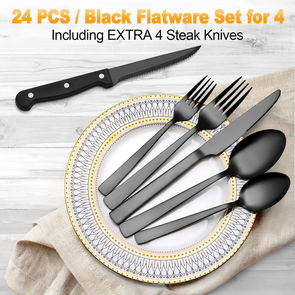 24 Piece Silverware Set for 4 With Steak Knives, Stainless Steel Black Flatware, Utensils, Tableware Cutlery , Hand