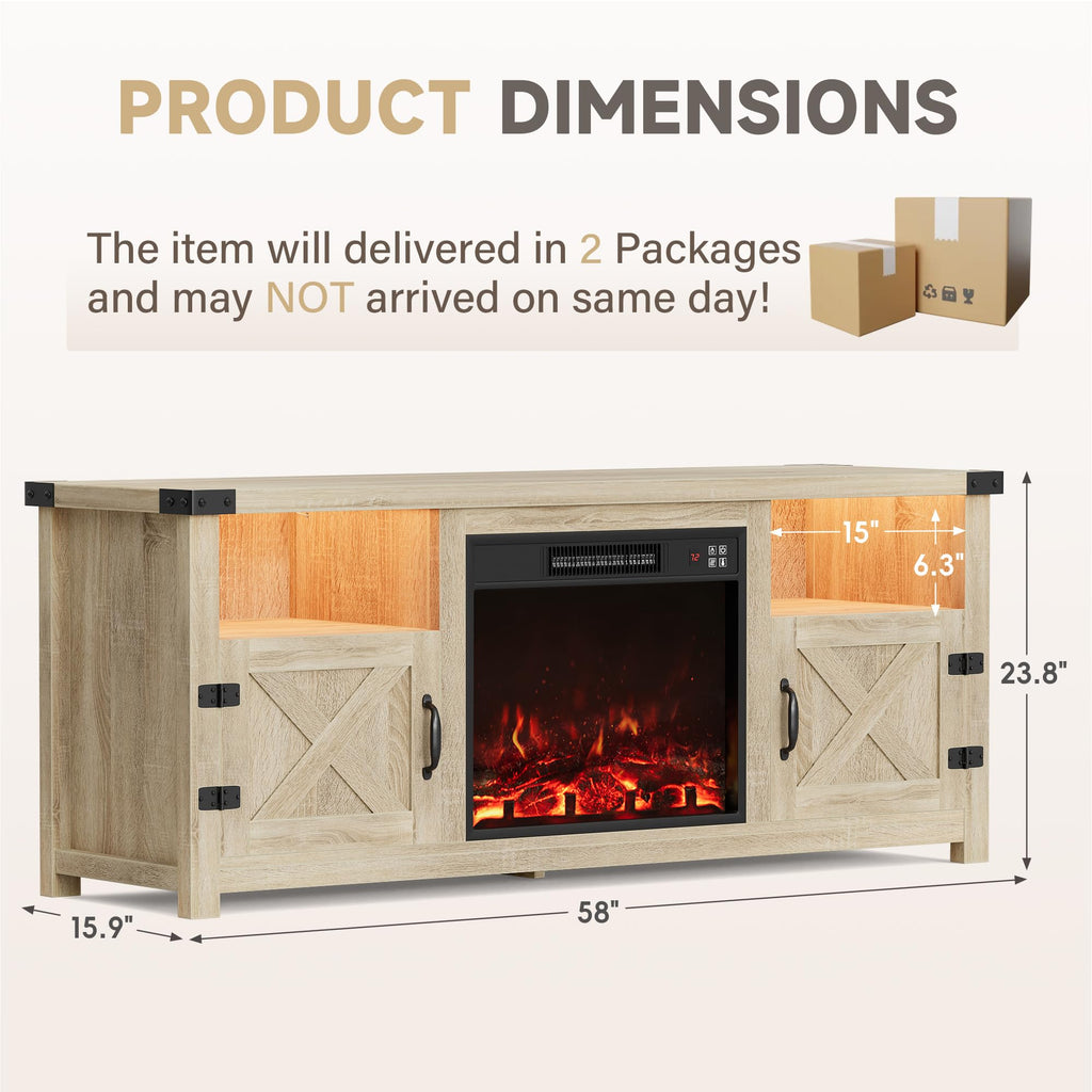 LED Entertainment Center with Fireplace, Light Oak