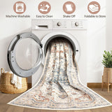 9x12 Washable Boho Vintage Area Rug, Large Neutral Non-Slip Carpet Beige Blue