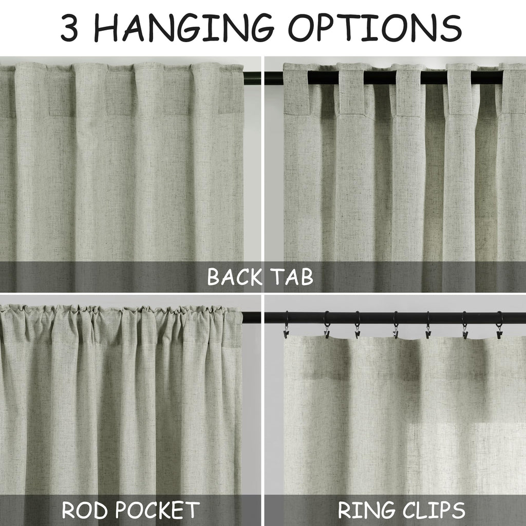 Sage Green Curtains 120 inches Long 2 panels Back Tab Rod Pocket Semi Sheer Linen Drapes Neutral Room Decor Earth