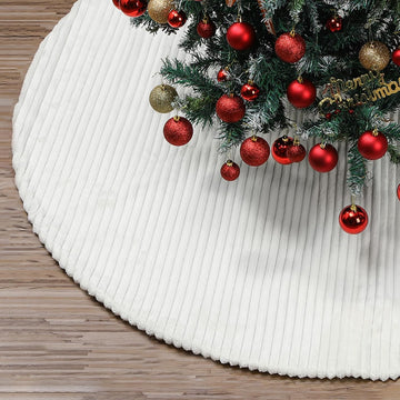 72 Inch Large Faux Fur White Christmas Tree Skirt for 7.5ft to 12ft Tree with Stripe Textured Pattern Soft Beige Boho