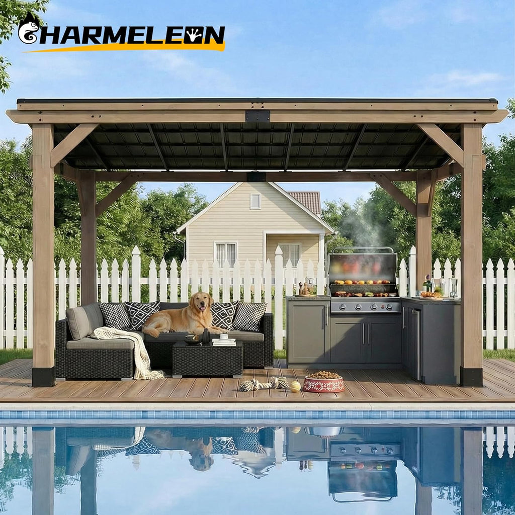 Cedar Wood Gazebo 10' x 12',Wooden Grill Gazebo with Sloped Galvanized Steel Roof,Permanent Hardtop Patio Pavilion