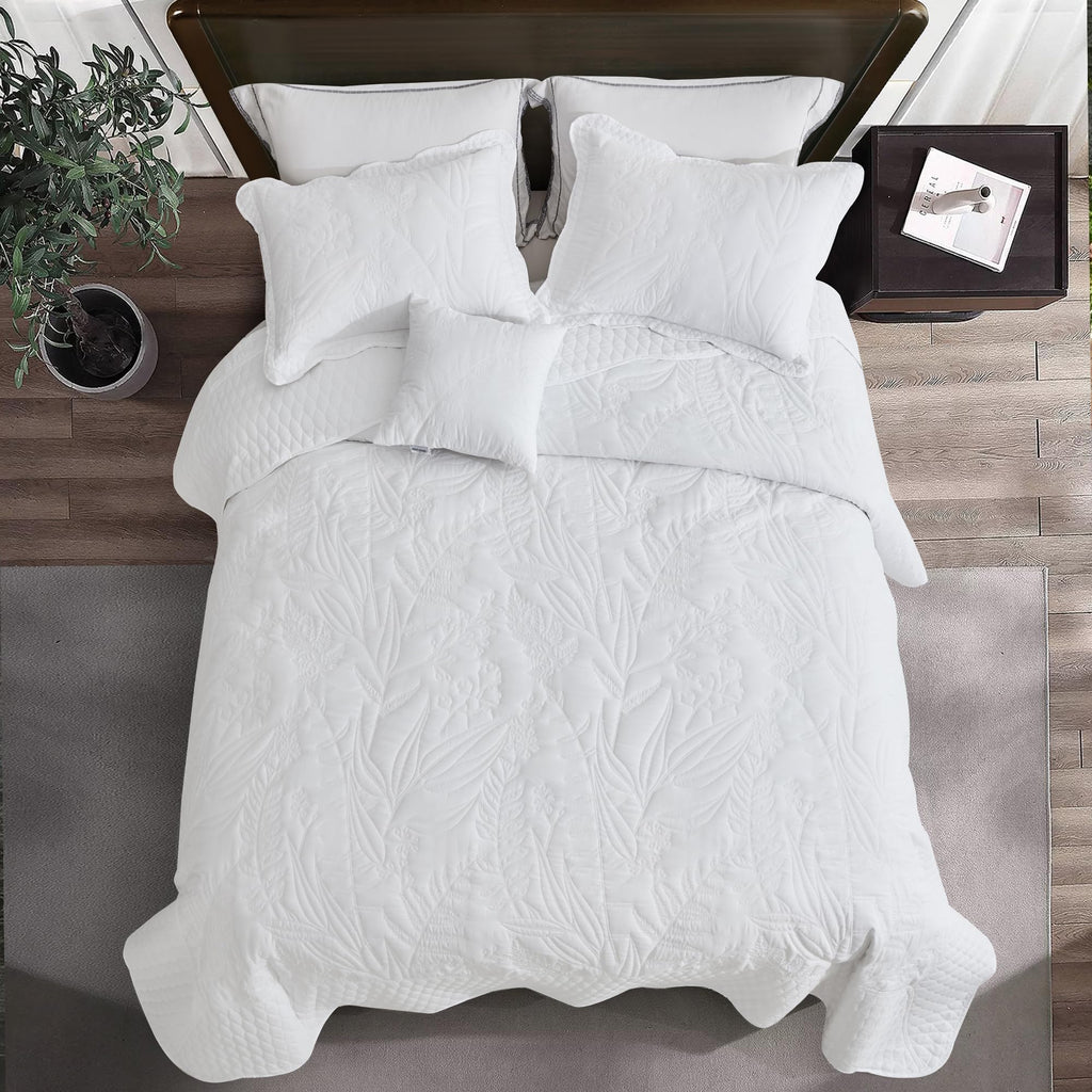 Bedspread oversized Queen 102x118, Beautiful Leaf Stitching, 5 PC, White