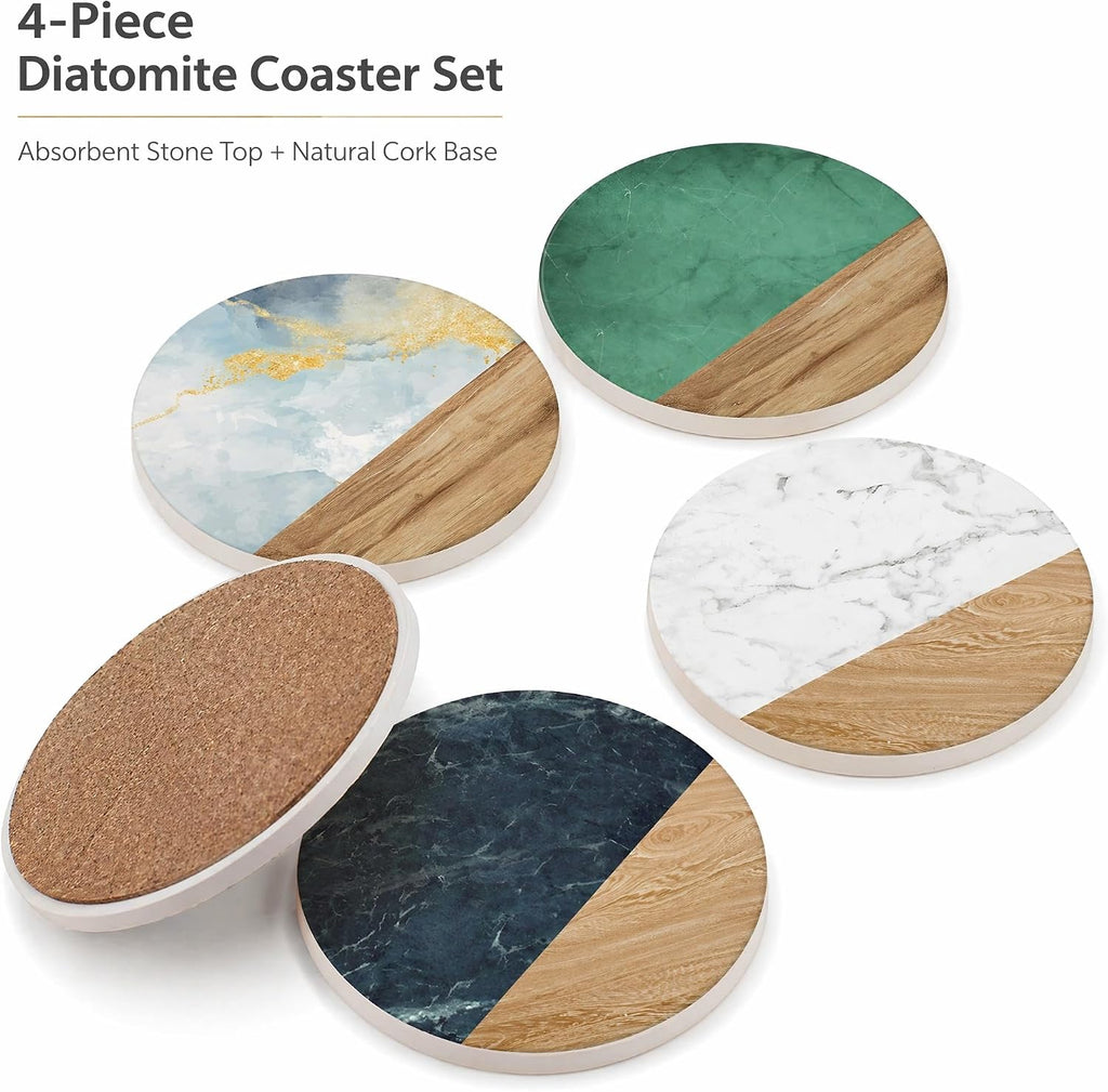 Diatomite Coasters Set, Marble & Wood, Absorbent, Diatomaceous Earth, Modern Home Decor & Accessories - Set of 4
