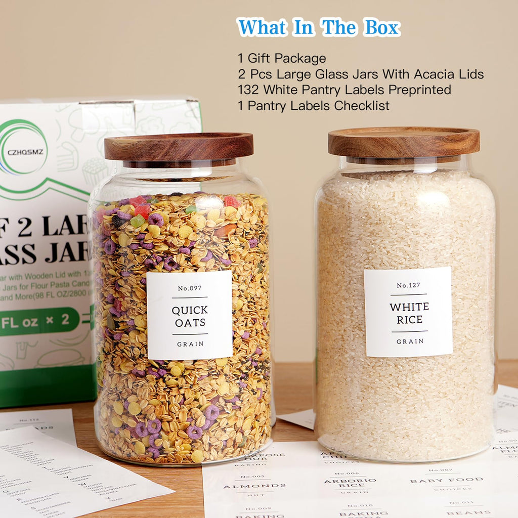 Set of 2 Large Glass Jar with Airtight Acacia Lid and 132 Kitchen Pantry Labels, Clear Glass Food Storage Jars