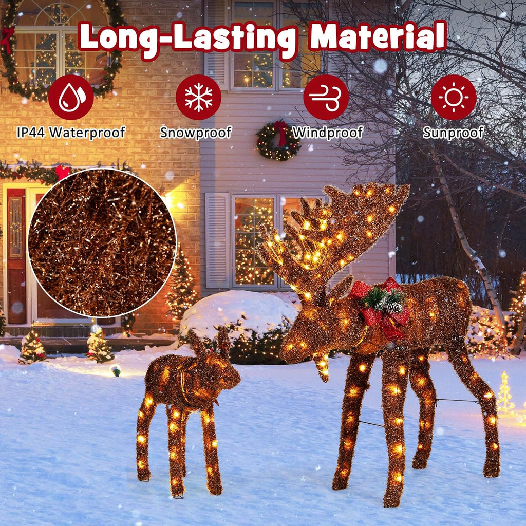 2-Piece 3D Lighted Christmas Moose Family Set, Pre-Lit Deer Xmas Decoration with LED Lights, Ground Stakes and Zip