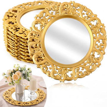 13" Mirror Charger Plate Baroque Dinner Charger, Gold - Set of 12
