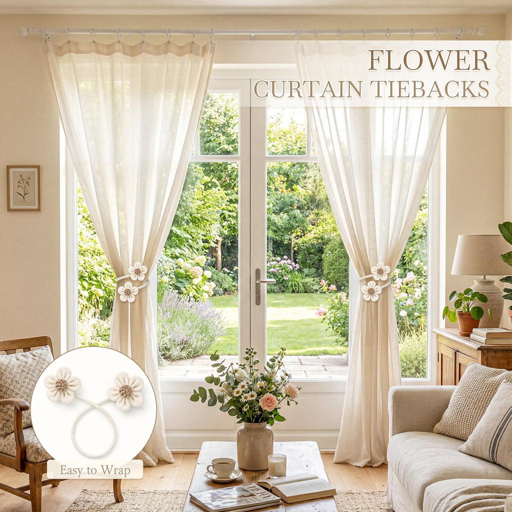 Curtain Tiebacks, Twisted Boho Curtain Holdbacks, Cream, 4 Pcs