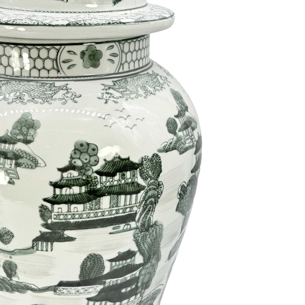 Large 25" Black & White Classic Landscape Chinoiserie Ceramic Temple Jar w/Lid - Ginger Jar Home & Kitchen Decor for