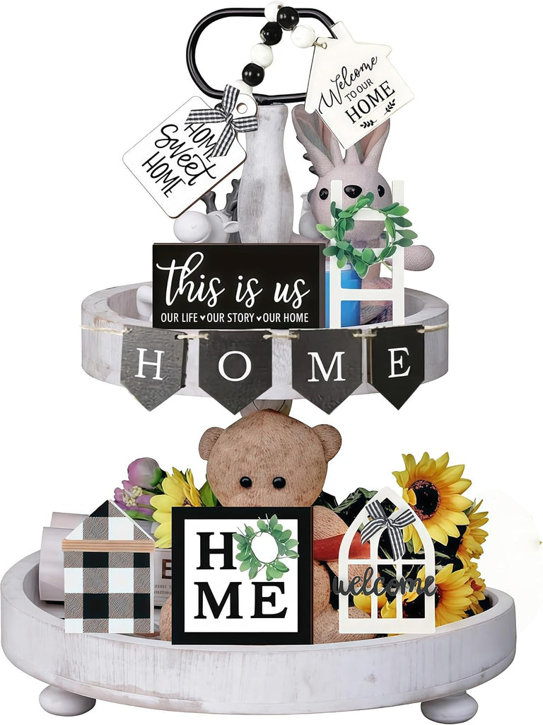Tiered Tray Decor Set for Rustic Home Country Kitchen Dining Room Living Room Table Decorations Farmhouse Modern - Set of 11