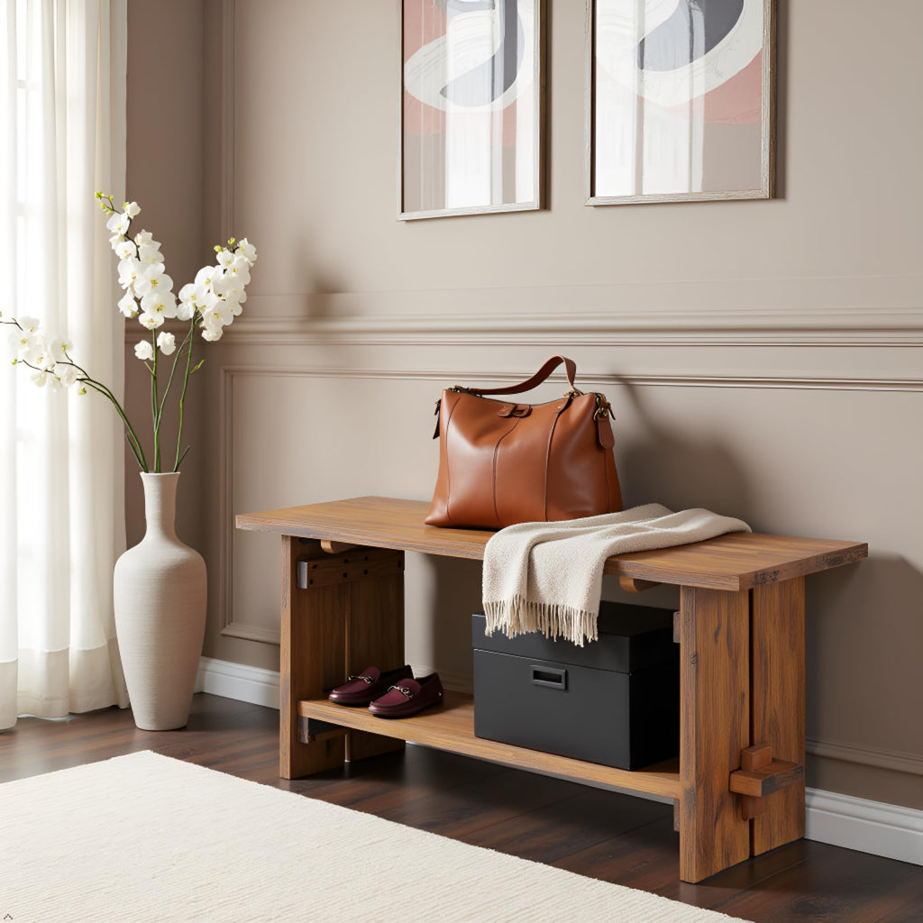 Bethel Rustic Solid Wood Entryway Bench with Shelf, Natural