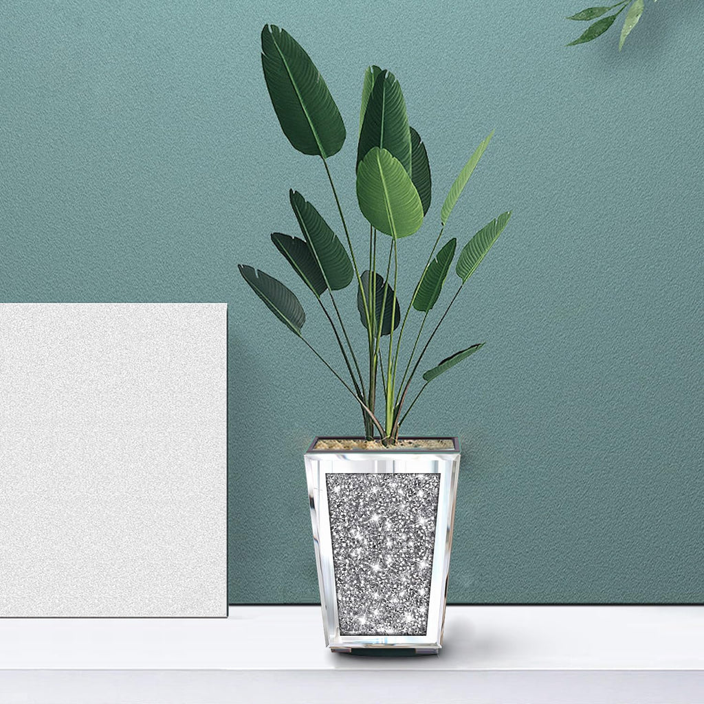 Crushed Diamond Mirrored Planter, Crystal Silver Glass Decorative Mirror Luxury Flower Pot, with Drainage Hole and